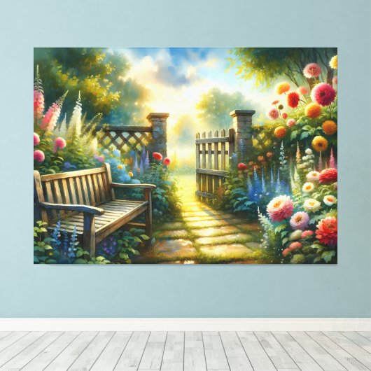 Sunlit Garden Pathway Gate Scene Canvas Afdruk (Insitu (Houten vloer))