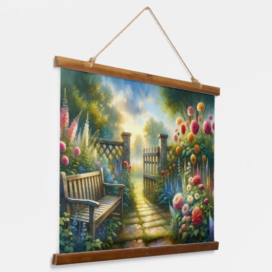 Sunlit Garden Pathway Gate Scene Hangend Wandkleed (Gebogen)