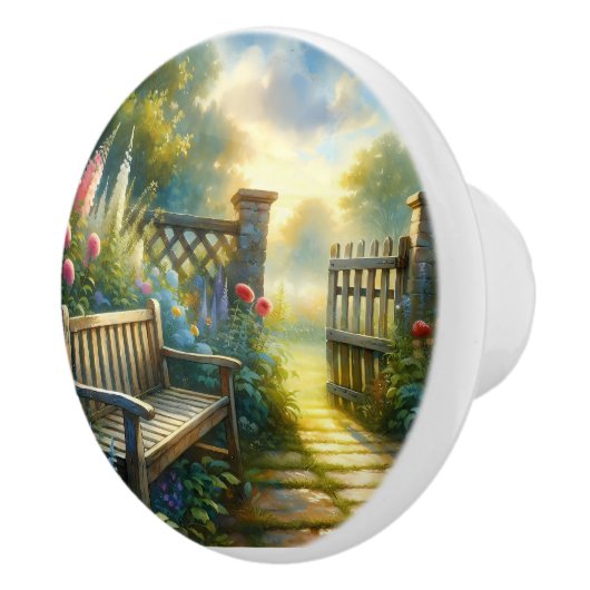 Sunlit Garden Pathway Gate Scene Keramische Knop (Rechts)