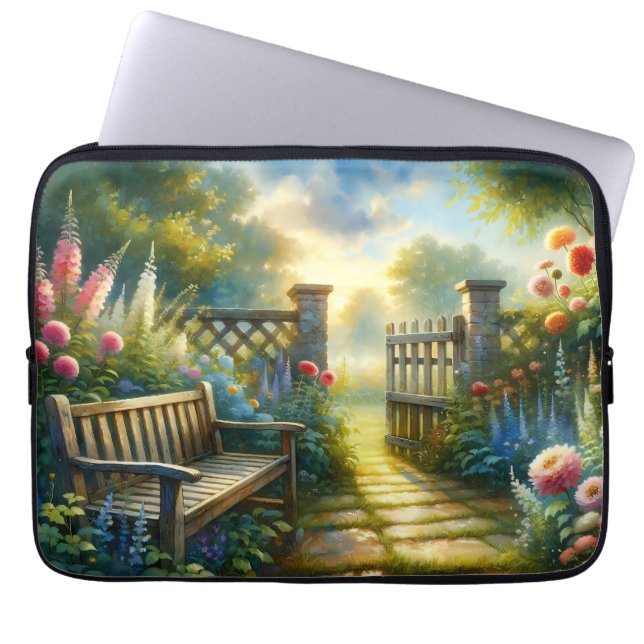 Sunlit Garden Pathway Gate Scene Laptop Sleeve (Voorkant)
