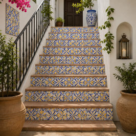 Sunlit Harmony Elegant Blue and Gold Floral Mosaic Tegeltje