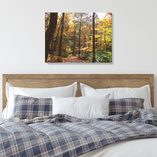 Sunlit Herfst Trail in Laurel Hill State Park Canvas Afdruk (Insitu (Slaapkamer))