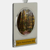 Sunlit Herfst Trail in Laurel Hill State Park Verzilverd Banner Ornament (Rechts)