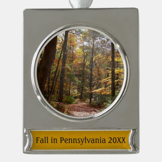 Sunlit Herfst Trail in Laurel Hill State Park Verzilverd Banner Ornament (Voorkant)