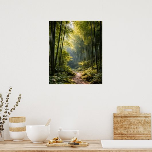 Sunlit Path Through Bamboo Forest Poster (Keuken)