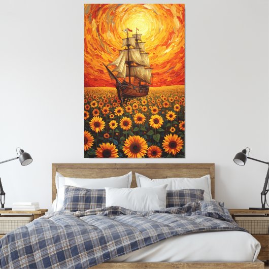  Sunlit Sunflower Sea - Whimsical Sailing Ship Fan Canvas Afdruk (Insitu (Slaapkamer))