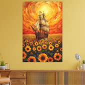  Sunlit Sunflower Sea - Whimsical Sailing Ship Fan Canvas Afdruk (Insitu (Woonkamer))
