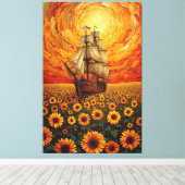  Sunlit Sunflower Sea - Whimsical Sailing Ship Fan Canvas Afdruk (Insitu (Houten vloer))