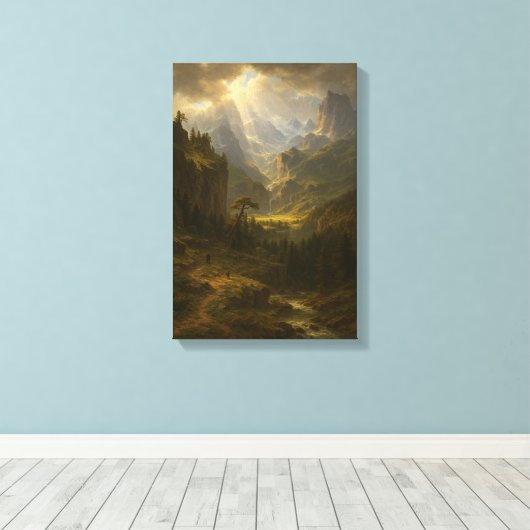 Sunlit Valley Mountain Uitzicht Canvas Afdruk (Insitu (Houten vloer))