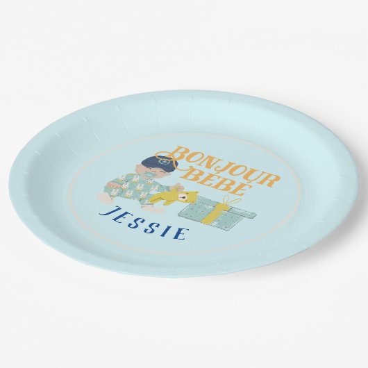 Sunny Aqua Bonjour Boy Baby Papieren Bordje (Gekanteld)