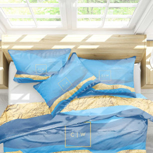 Sunny Azur Surf Waves Blue Gold Monogrammen Kussensloop