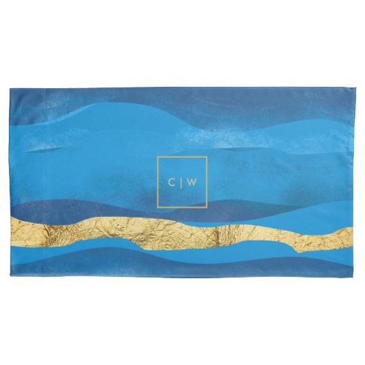 Sunny Azur Surf Waves Blue Gold Monogrammen Kussensloop (Voorkant-Links)