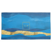 Sunny Azur Surf Waves Blue Gold Monogrammen Kussensloop (Voorkant-Rechts)