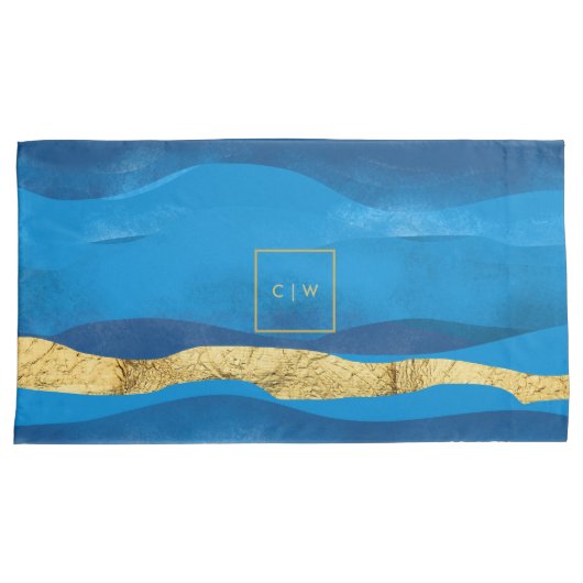 Sunny Azur Surf Waves Blue Gold Monogrammen Kussensloop (Voorkant-Rechts)