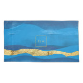 Sunny Azur Surf Waves Blue Gold Monogrammen Kussensloop (Achterkant-Links)