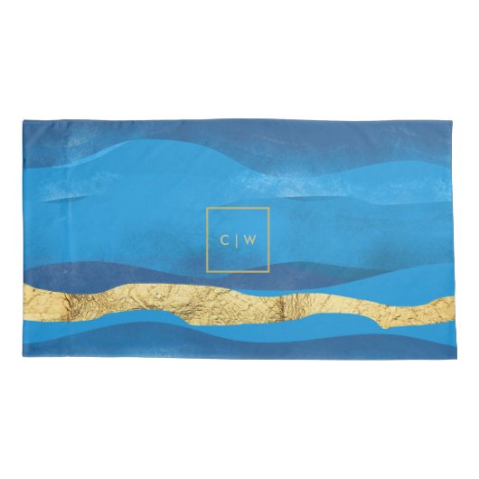Sunny Azur Surf Waves Blue Gold Monogrammen Kussensloop (Achterkant-Links)