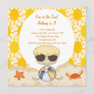 Sunny Beach Boy in the Sand Birthday Invitation Kaart
