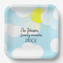 Sunny Blue Summer Sky met Clouds Family Reunion Papieren Bordje