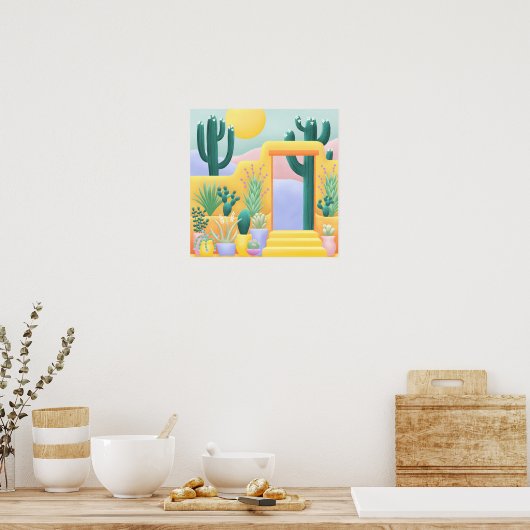 Sunny Cactus Garden Desert Landscape Illustratie Poster (Keuken)