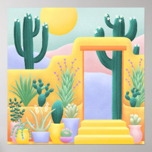 Sunny Cactus Garden Desert Landscape Illustratie Poster