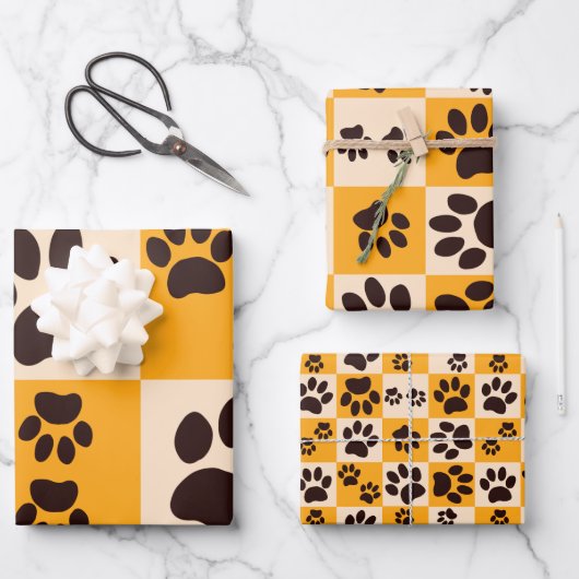 Sunny Cat Paw Print Checkerboard Inpakpapier Vel (Voorkant)