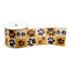 Sunny Cat Paw Print Checkerboard Satijnen Lint