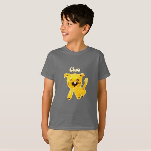 Sunny Ciao Puppy – Fun Yellow Dog Kids' T-Shirt (Voorkant volledig)