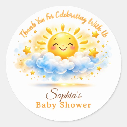 Sunny Clouds Baby Shower Cupcake Toppers Ronde Sticker (Voorkant)