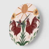 Sunny Folk Art Rooster Symmetrisch Ontwerp Grote Klok (Hoek)
