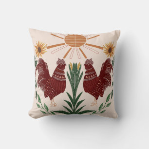 Sunny Folk Art Rooster Symmetrisch Ontwerp Kussen