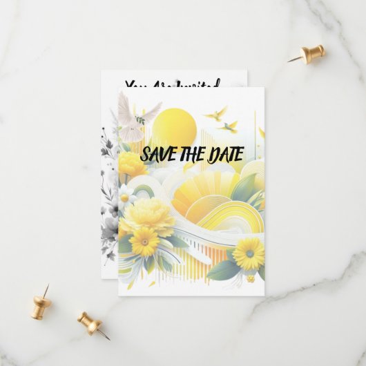 Sunny Fusion: Gele en Lime Levendige Ontwerpen Save The Date (Voorkant / Achterkant in situ)