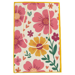 Sunny Garden: Pink Daisy & Heart Botanical Pattern Medium Cadeauzakje
