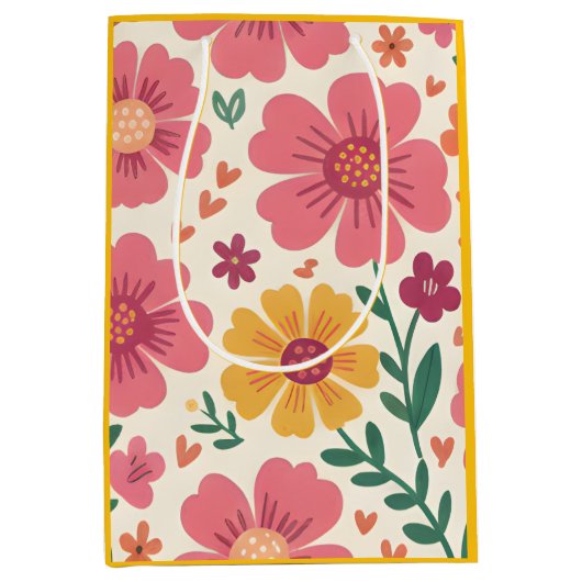 Sunny Garden: Pink Daisy & Heart Botanical Pattern Medium Cadeauzakje (Voorkant)
