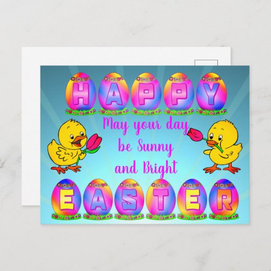Sunny Happy Paast Eggs Greeting Chicken & Tulip Briefkaart (Voorkant / Achterkant)