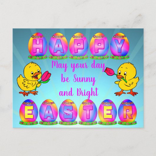 Sunny Happy Paast Eggs Greeting Chicken & Tulip Briefkaart (Voorkant)
