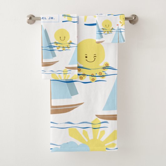 Sunny Kinder Pattern, Boat, Octopus en Sun Clipart Bad Handdoek (Insitu)