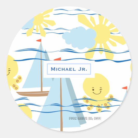 Sunny Kinder Pattern, Boat, Octopus en Sun Clipart Ronde Sticker (Voorkant)