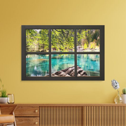 Sunny Lake Scenery Black Fake Window Illusion Canvas Afdruk (Insitu (Woonkamer))