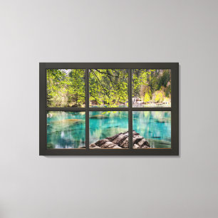Sunny Lake Scenery Black Fake Window Illusion Canvas Afdruk