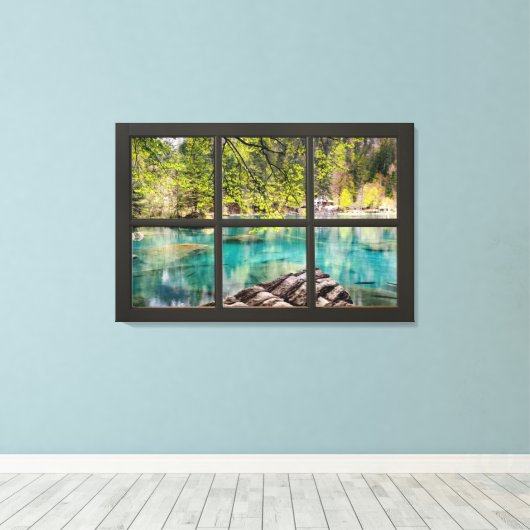 Sunny Lake Scenery Black Fake Window Illusion Canvas Afdruk (Insitu (Houten vloer))