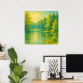 Sunny Lakeside Landscape - Pastel schilderstijl Poster (Thuiskantoor)