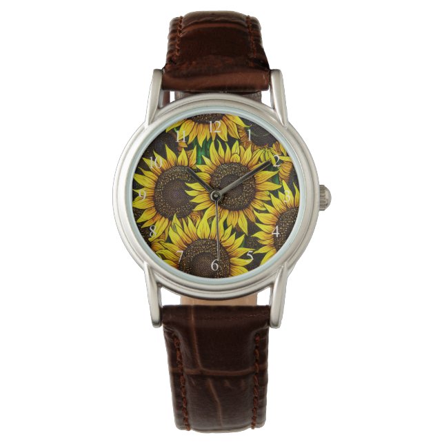 Sunny Large Sunflower Patroon Horloge (Voorkant)