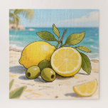 Sunny Lemon Olive Beachside Fresh Legpuzzel<br><div class="desc">Capture the essence of a Mediterranean seaside escape with this vibrant, cheerful illustration. Juicy yellow lemons — whole and sliced — shine brightly alongside plump green olives on a branch, all nestled on warm sandy shores with turquoise ocean waves and swaying palm trees in the background. The bright, zesty citrus...</div>