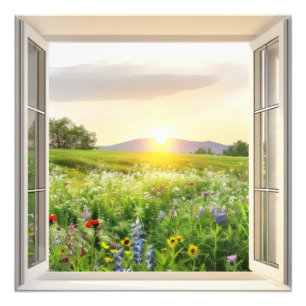 Sunny Meadow Window Uitzicht Foto Afdruk