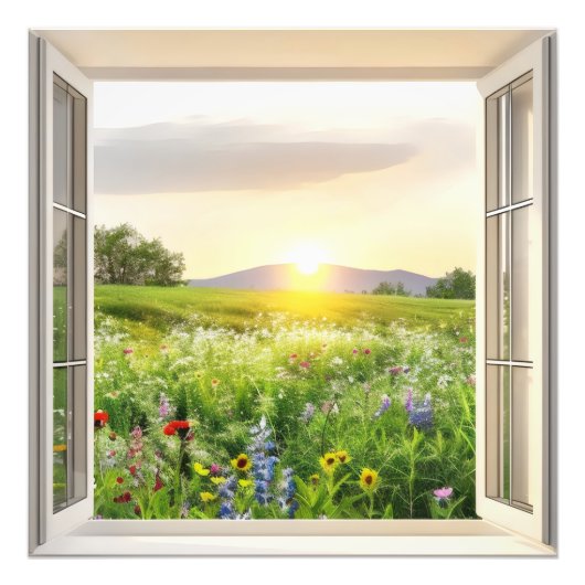Sunny Meadow Window Uitzicht Foto Afdruk (Voorkant)