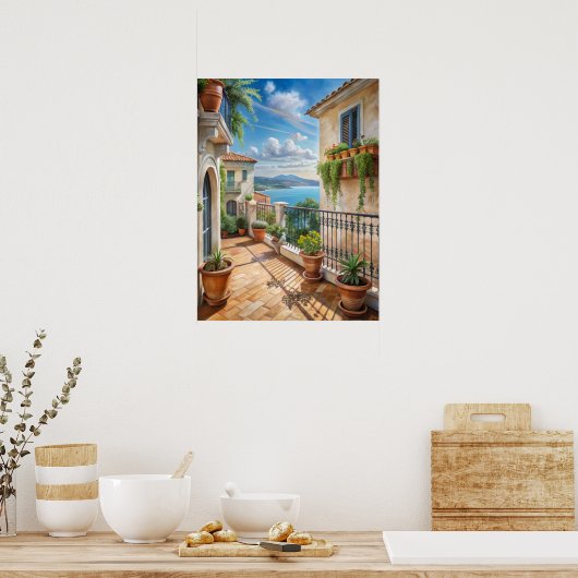 Sunny Mediterranean Balcony Sea View Art Poster (Keuken)