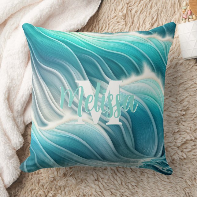 Sunny Pastel Ocean Waves Monogram Kussen (Deken)