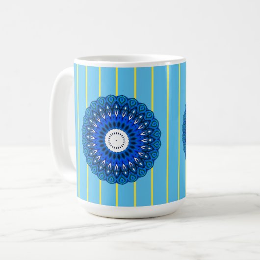 Sunny Pinstriped Turquoise and Blue Mandala Mok (Voorkant links)