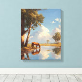 Sunny Pond Horse Reflection Painting Canvas Afdruk (Insitu (Houten vloer))