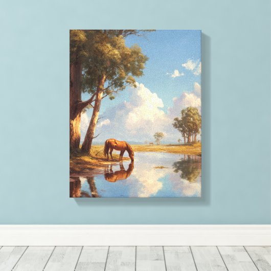 Sunny Pond Horse Reflection Painting Canvas Afdruk (Insitu (Houten vloer))